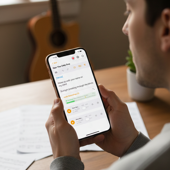 Writers Session Pro app interface showing idea generator and songwriting tools